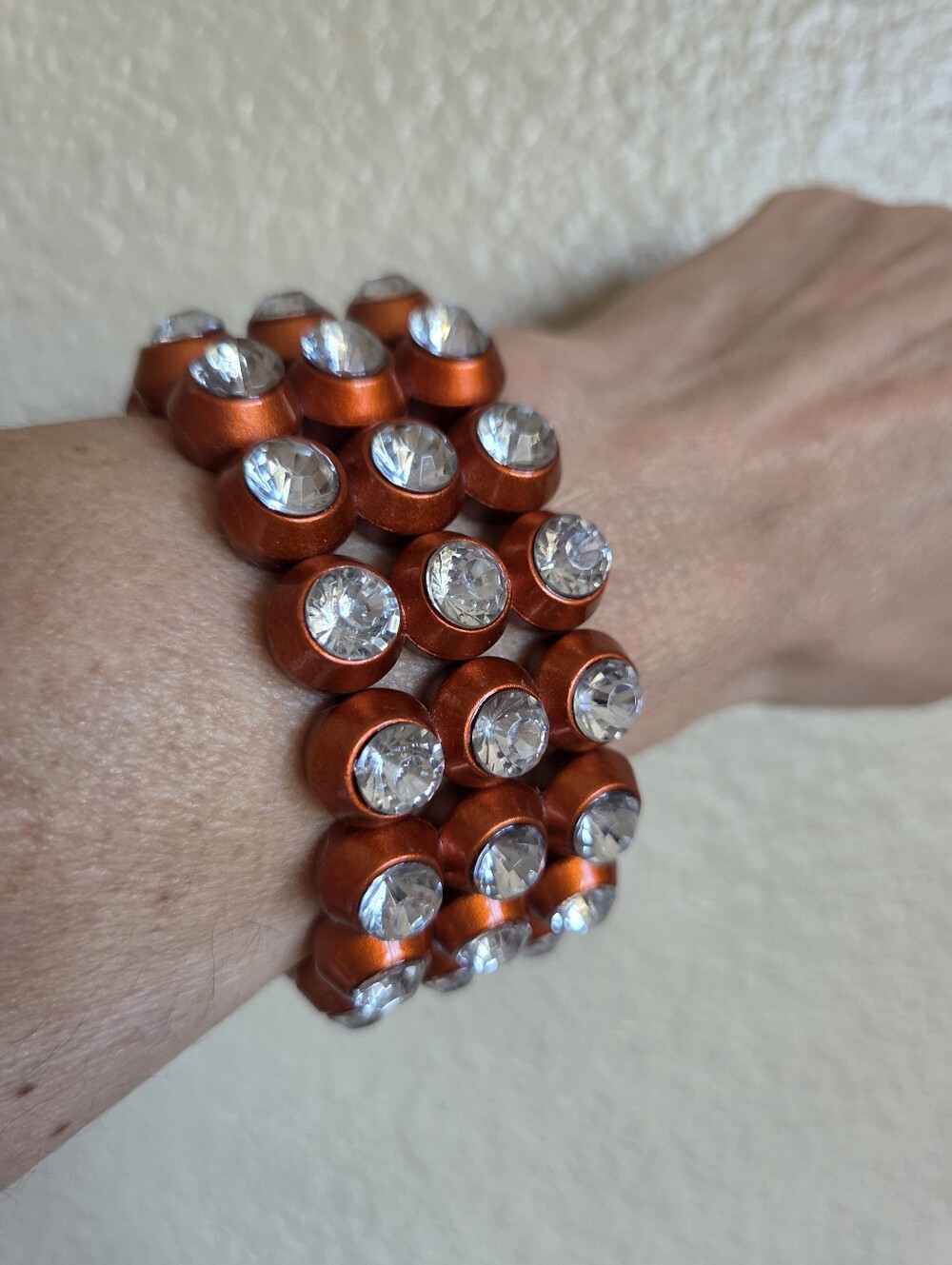 burnt orange plastic bezel crystal stretch cuff bracelet wide 3 row glam